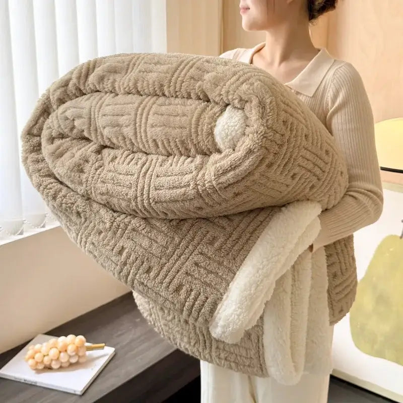 Beige decorbites jacquard lamb wool double-layer blanket with textured woven pattern and soft white fleece lining for comfort