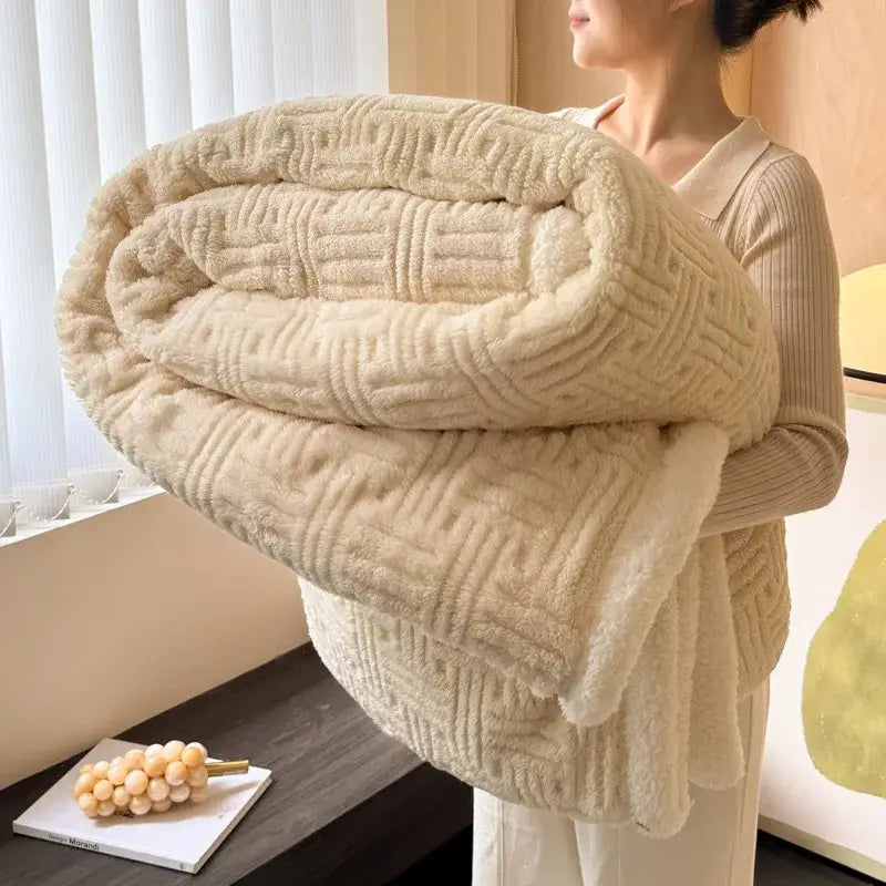 Cream-colored decorbites jacquard lamb wool double-layer blanket with textured woven pattern for cozy comfort and style