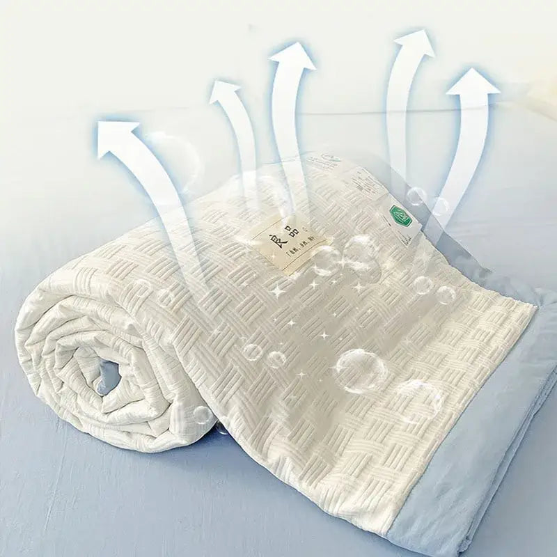 Cream-colored decorbites jacquard summer cool blanket with woven texture and light blue edges for bedroom use