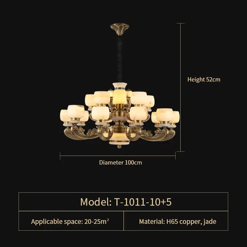 Luxurious decorbites jade chandelier in bronze with twelve warm-toned glass shades for living room lighting