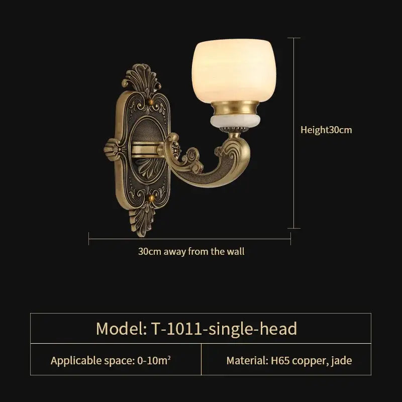 Antique brass-finished single-head wall sconce with ornate scrollwork and frosted glass shade from decorbites jade chandelier collection