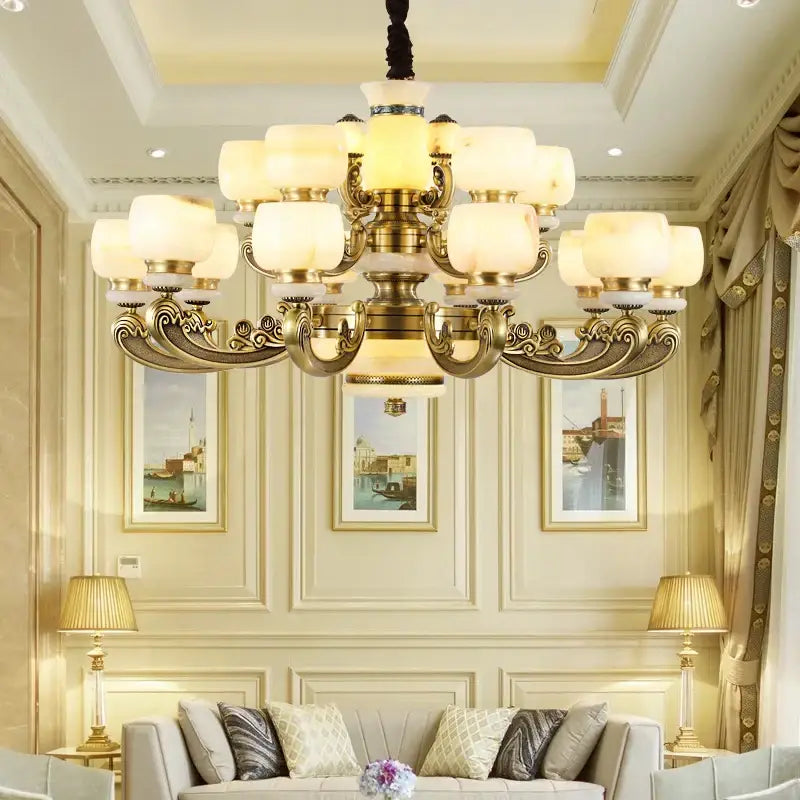 Gold-toned ornate decorbites jade chandelier with multiple frosted glass shades for living room lighting