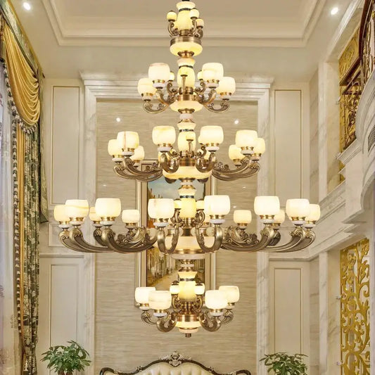 Decorbites jade chandelier bronze multi-tier living room lamp with ornate metal arms and frosted glass shades