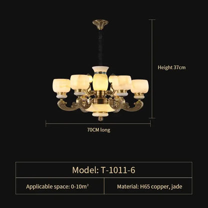 Gold-toned Decorbites jade chandelier with six translucent jade glass shades and ornate h65 copper arms for living room use