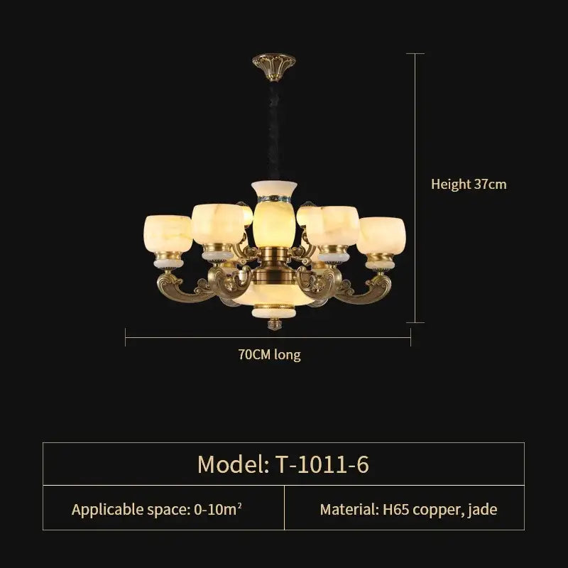 Gold-toned Decorbites jade chandelier with six translucent jade glass shades and ornate h65 copper arms for living room use