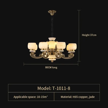 Gold-toned decorbites jade chandelier with six warm frosted glass shades and jade accents for living room use