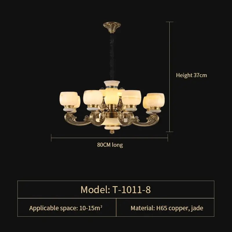 Gold-toned decorbites jade chandelier with six warm frosted glass shades and jade accents for living room use