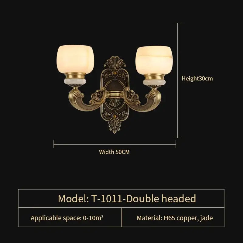 Antique brass double-headed wall sconce with frosted jade glass shades from decorbites jade chandelier collection
