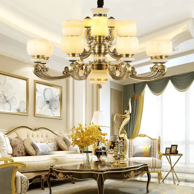 Gold-toned ornate decorbites jade chandelier with multiple frosted glass shades for living room bronze multi tier lamp