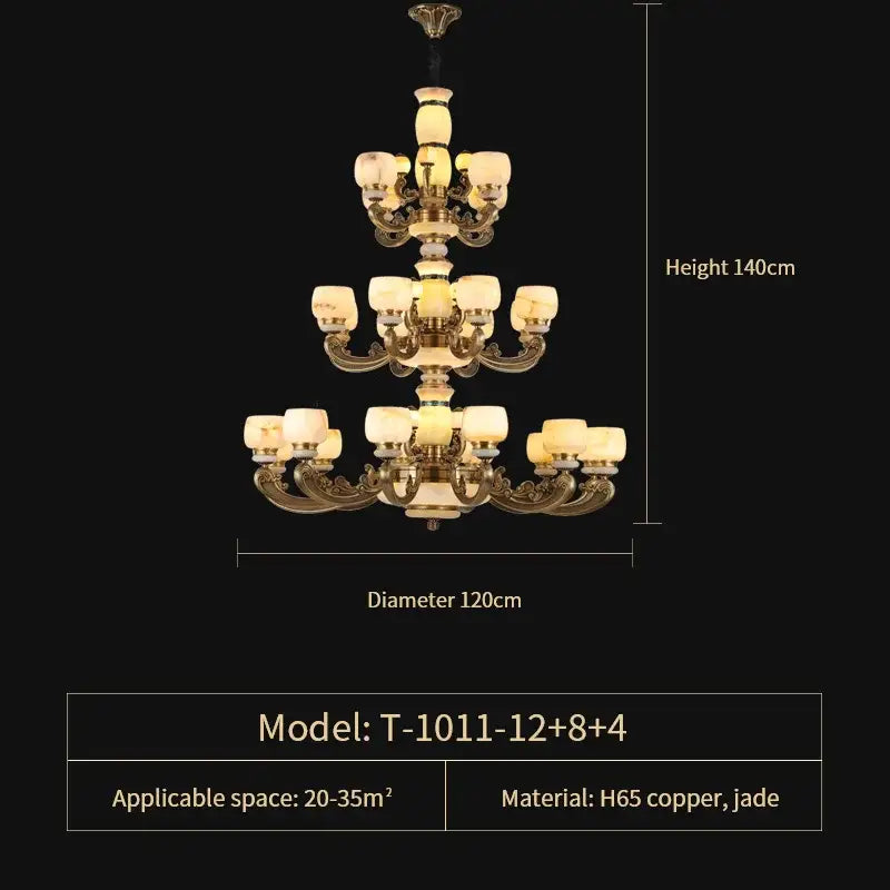 Decorbites jade chandelier with three-tiered bronze copper arms and jade glass shades for living room lighting