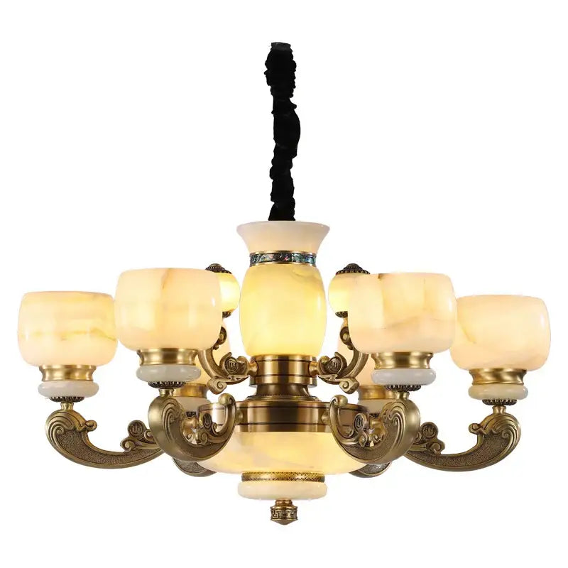 Elegant brass decorbites jade chandelier with six alabaster shades and ornate scrollwork arms for living room decor