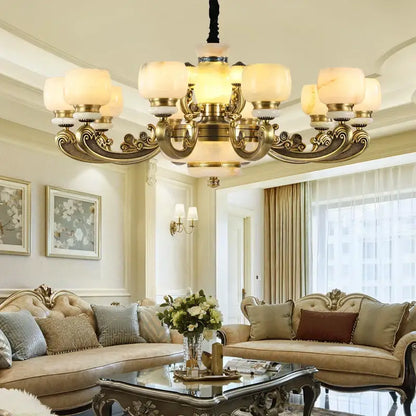 Gold-toned ornate decorbites jade chandelier with multiple frosted glass shades for living room lighting