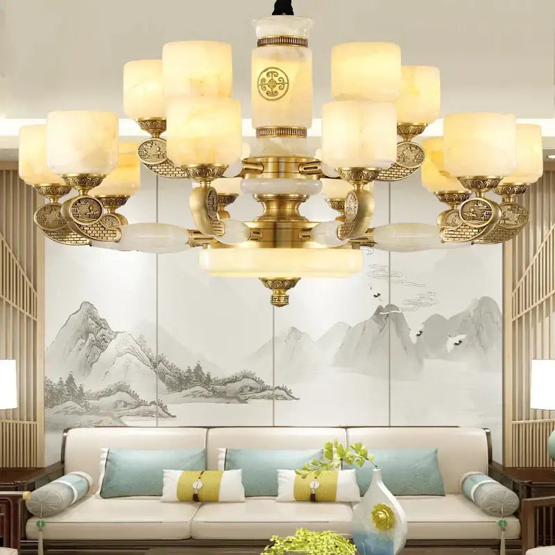 Gold-toned decorbites jade copper chandelier with frosted opal glass shades and ornate decorative elements for living room