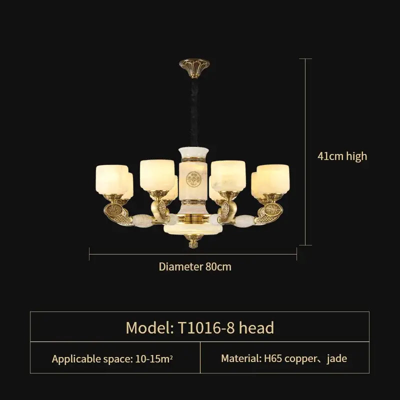 Elegant eight-arm decorbites jade copper chandelier with gold-finished h65 copper and cream opal glass shades for living room