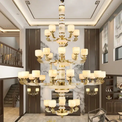 Decorbites jade copper multi-tiered chandelier with gold-toned metal arms and opal glass shades for living room