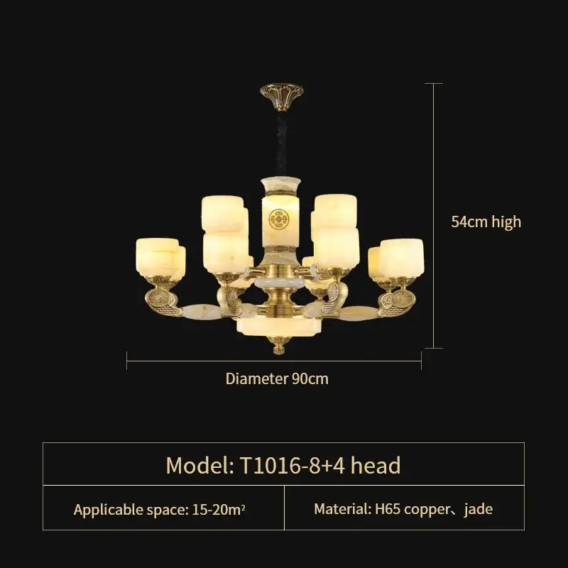 Elegant decorbites jade copper chandelier with eight arms featuring warm-toned jade copper and opal glass shades for living room
