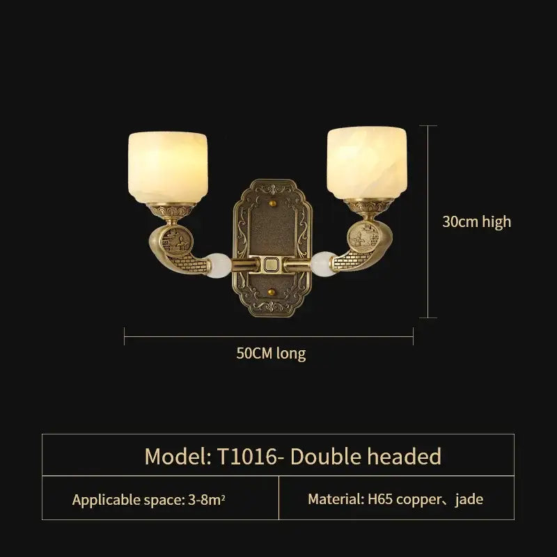 Antique brass double-headed wall sconce with frosted jade glass shades from decorbites jade copper chandelier collection