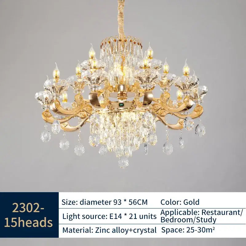 Gold-finished decorbites jade crystal chandelier with 15 lights, intricate crystal droplets, and ornate arms for living room