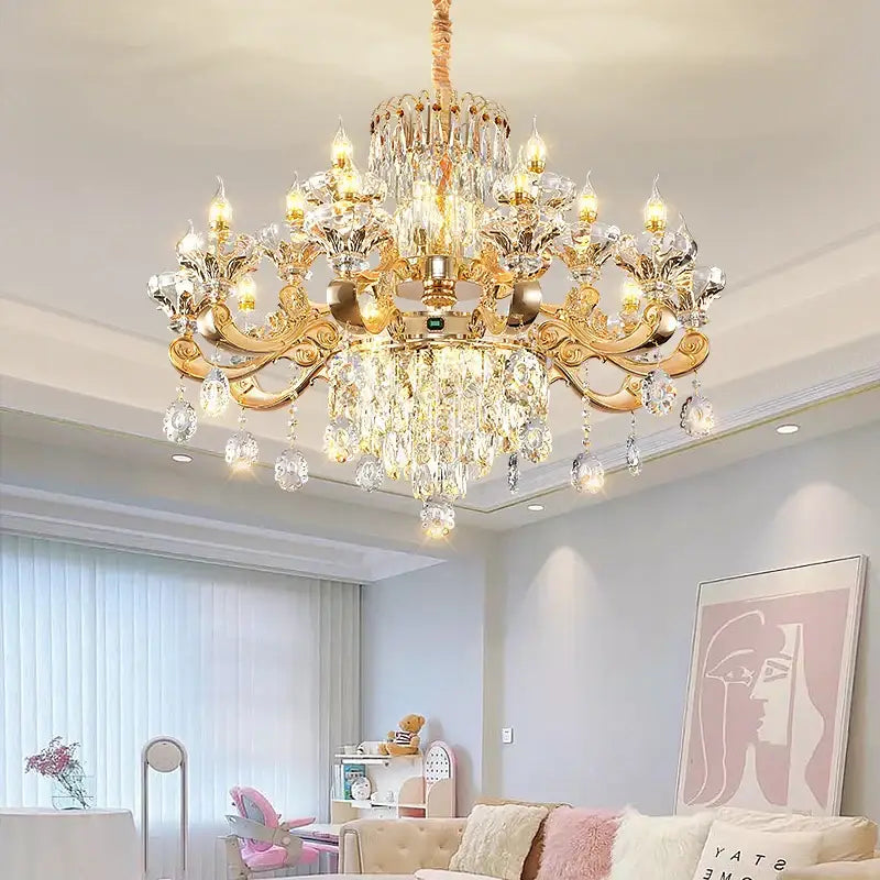 Gold-toned decorbites jade crystal chandelier with intricate crystal droplets and ornate arms for living room lighting
