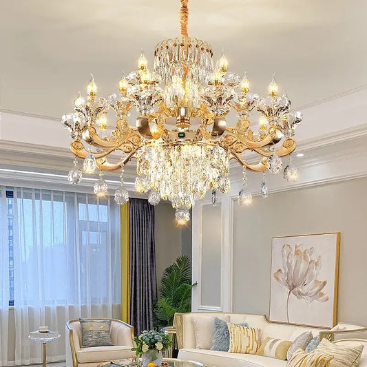Gold-toned decorbites jade crystal chandelier with intricate crystal droplets and ornate arms for elegant living room lighting