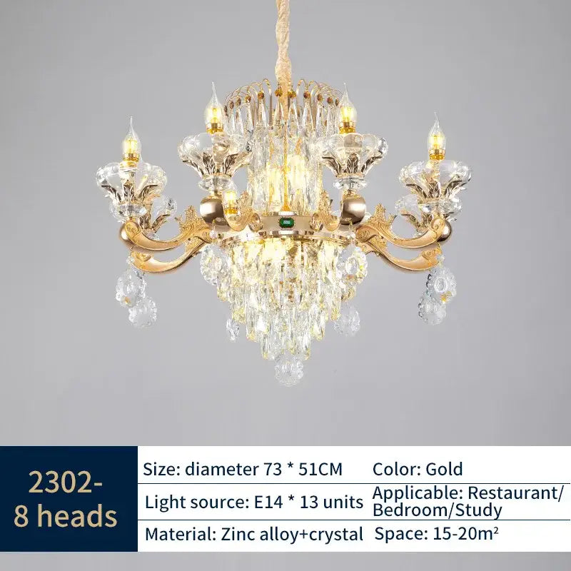 Gold-toned decorbites jade crystal chandelier with ornate zinc alloy arms and intricate crystal droplets for living room lighting