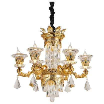 Gold-finished decorbites jade crystal chandelier with ornate detailing and crystal droplets for elegant living room lighting