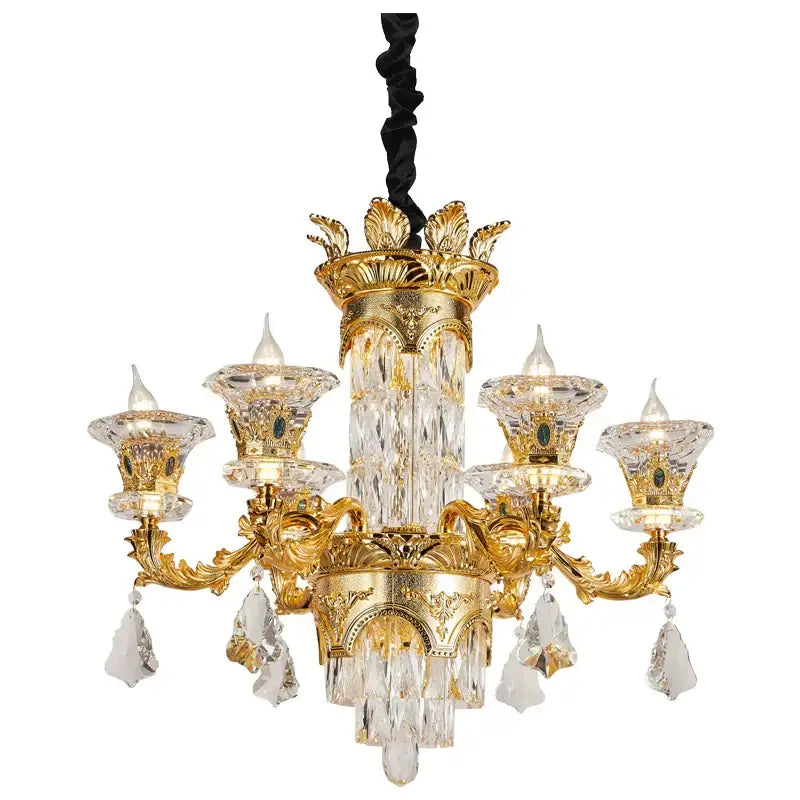 Gold-finished decorbites jade crystal chandelier with ornate detailing and crystal droplets for elegant living room lighting
