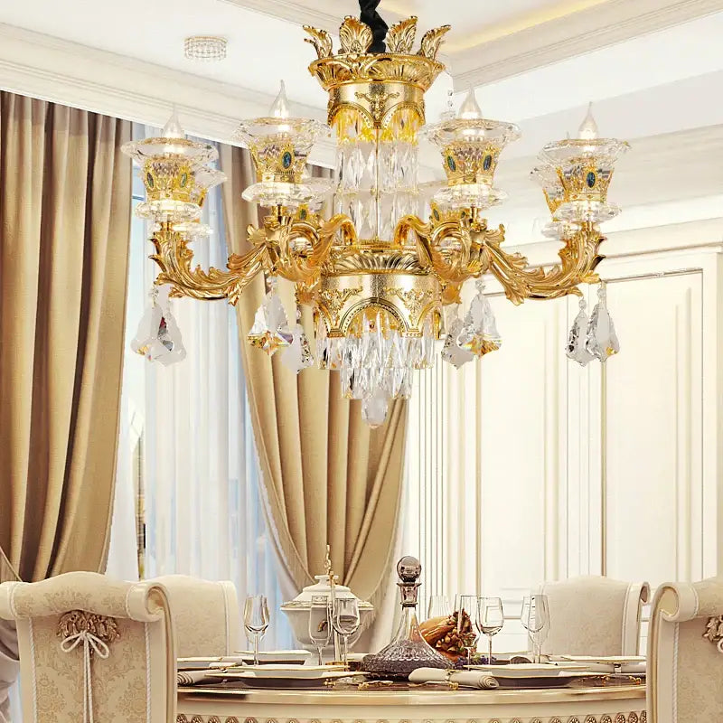 Golden ornate decorbites jade crystal chandelier with crystal droplets and decorative glass shades for living room lighting