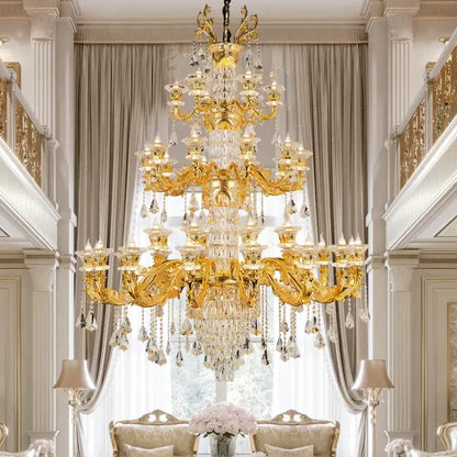 A grand decorbites jade crystal chandelier with gold finish and cascading clear crystals for elegant living room lighting