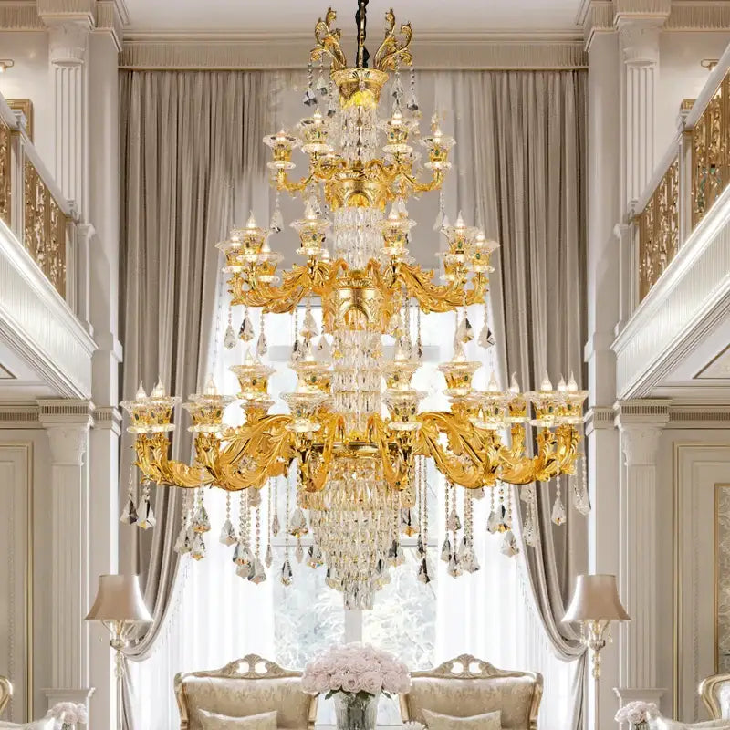 A grand decorbites jade crystal chandelier with gold finish and cascading clear crystals for elegant living room lighting