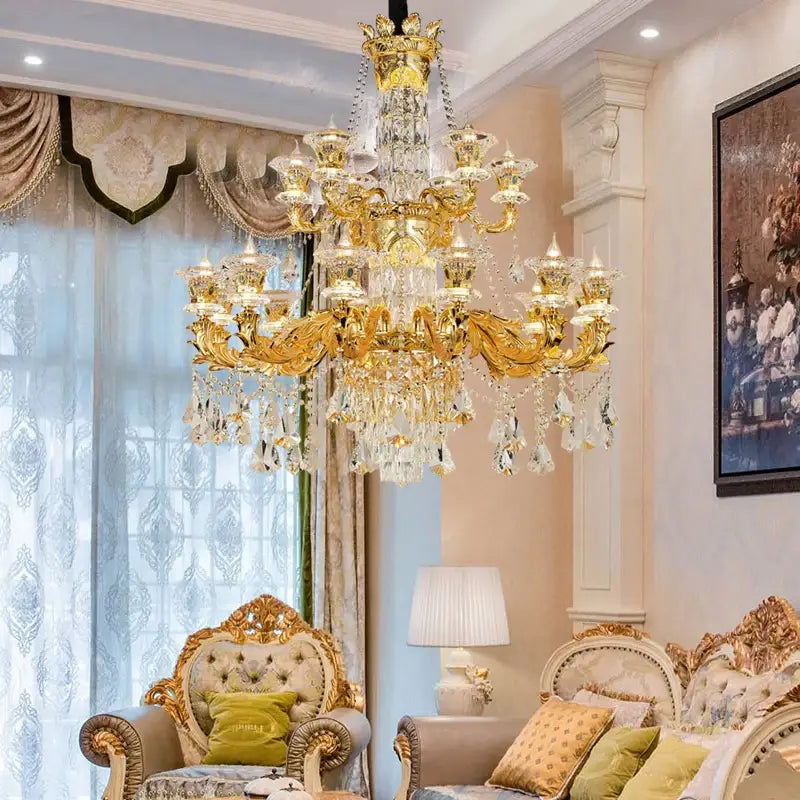 A decorbites jade crystal chandelier in gold with intricate ornate detailing for elegant living room lighting