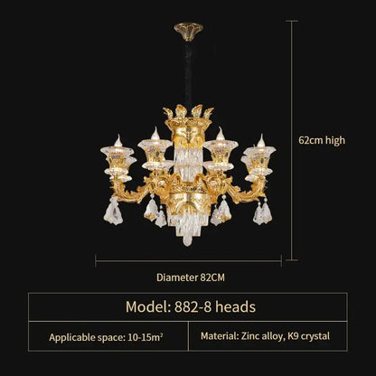 Gold-toned decorbites jade crystal chandelier with intricate ornate detailing and dangling k9 crystal droplets for living room lighting