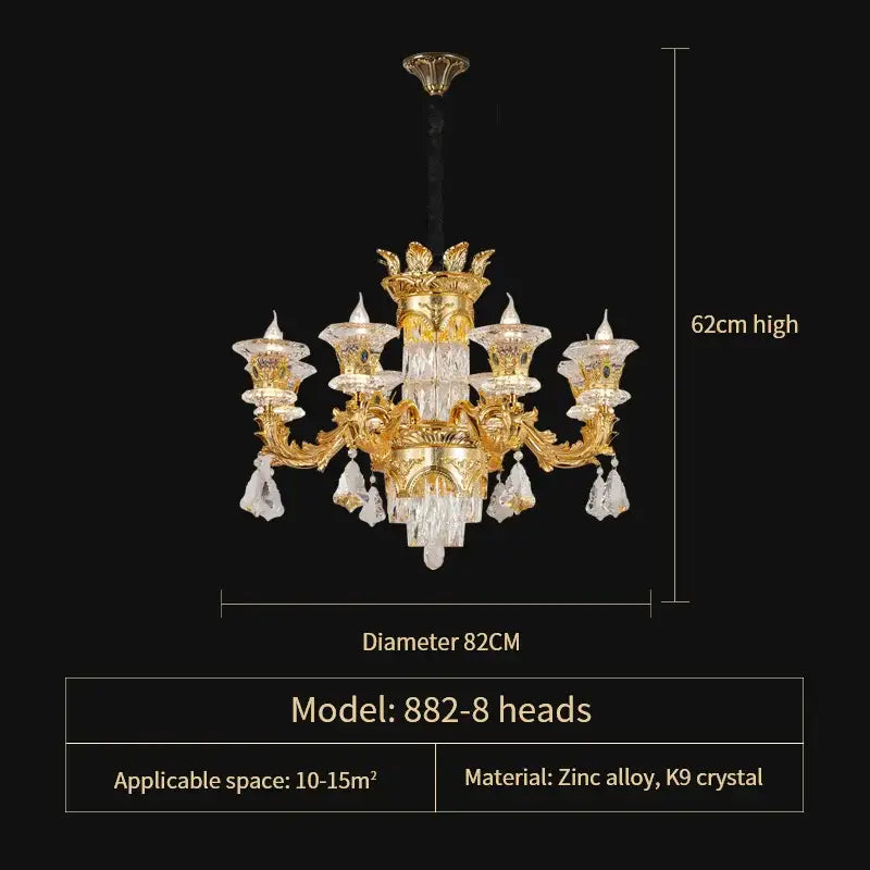 Gold-toned decorbites jade crystal chandelier with intricate ornate detailing and dangling k9 crystal droplets for living room lighting