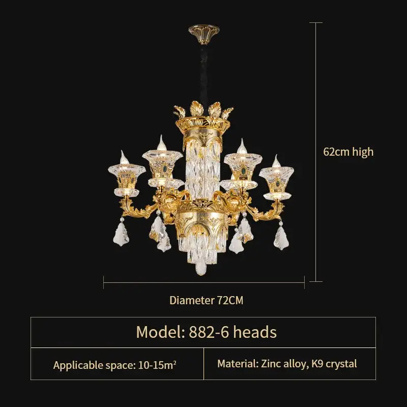 Gold-toned decorbites jade crystal chandelier with six arms and clear k9 crystals for elegant living room lighting