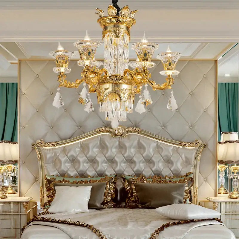 Gold-toned decorbites jade crystal chandelier with intricate crystal droplets and ornate detailing for living room lighting