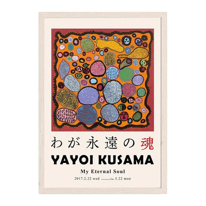 Framed DecorBites™ canvas print featuring yayoi kusama my eternal soul japanese abstract art with vibrant orange circles
