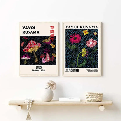 Two framed yayoi kusama posters with colorful mushrooms and flowers on dark background japanese abstract art print