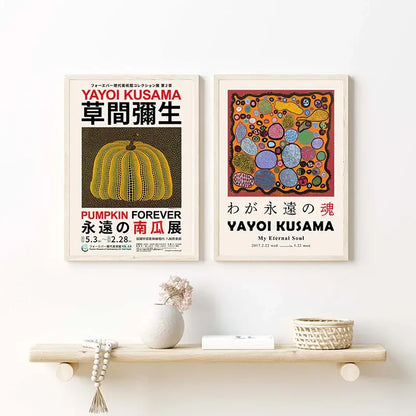 Two framed DecorBites™ Japanese abstract art canvas prints featuring yayoi kusama style pumpkin and colorful circles designs