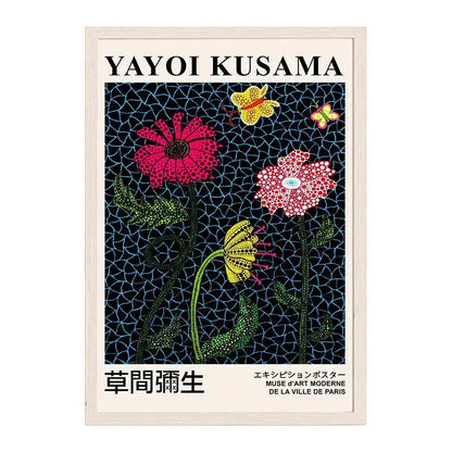 DecorBites™ Japanese abstract art canvas print featuring vibrant pink and yellow flowers on dark blue background