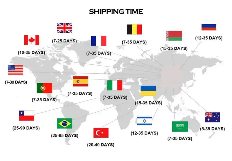 World map illustrating shipping times to countries with flags and delivery days for decorbites™ japanese abstract art canvas print