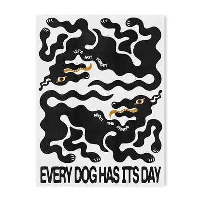 Decorbites™ canvas print featuring black and gold stylized dogs with japanese abstract blue wave design and text every dog has its day