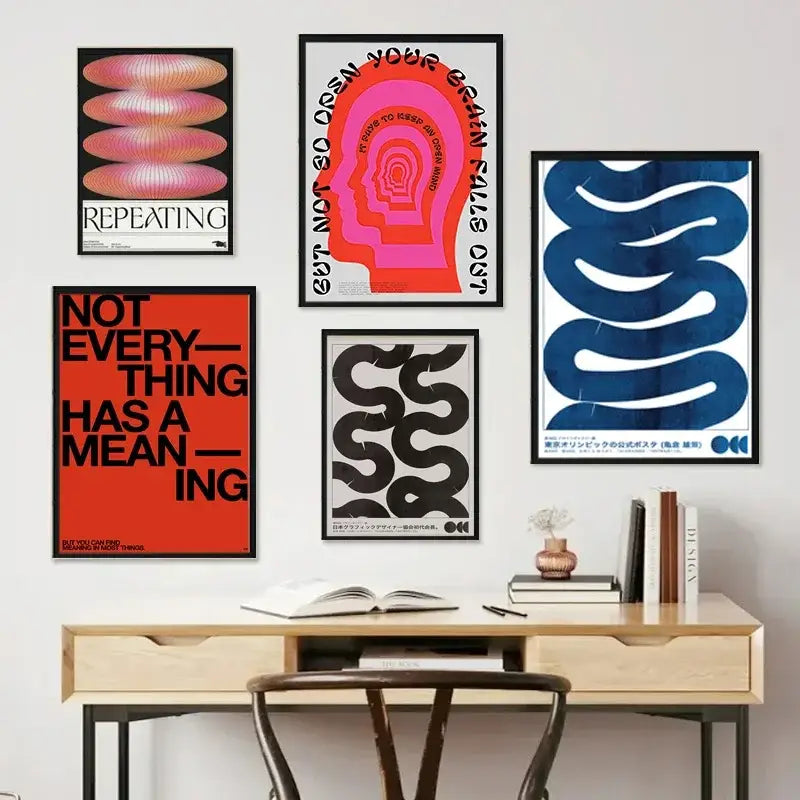 A collection of five framed posters featuring bold japanese abstract blue wave and colorful motivational designs