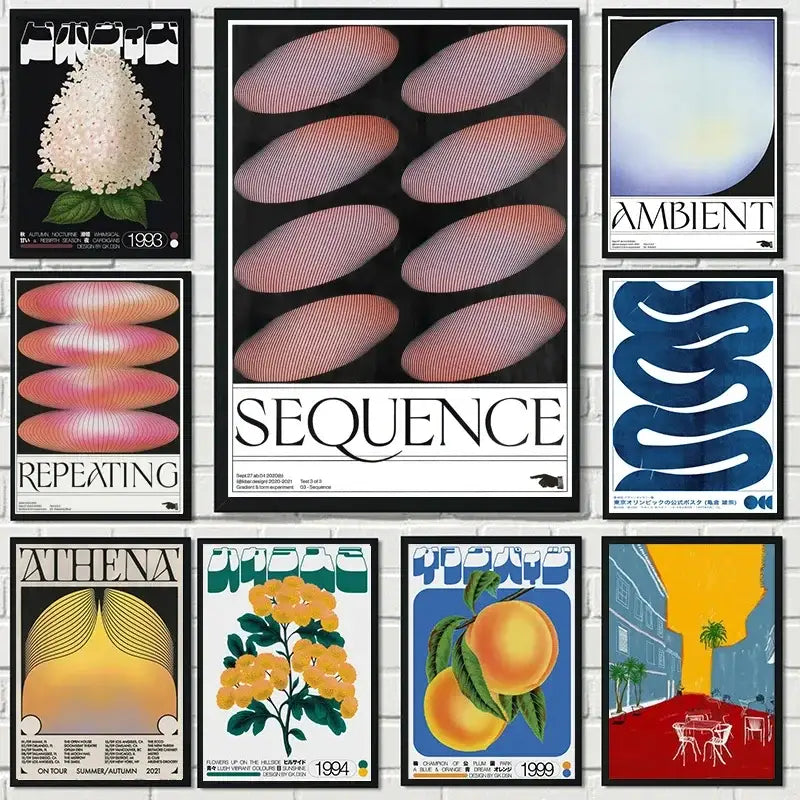 A collection of nine framed posters featuring bold japanese abstract blue wave designs in pink yellow and white colors