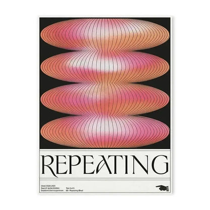 Modern abstract poster with gradient pink and orange ovals and repeating text, inspired by japanese abstract blue wave design