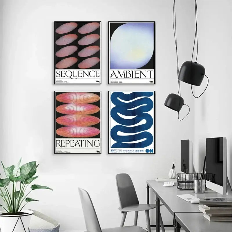 Set of four minimalist abstract art posters with japanese abstract blue wave designs in soft pastel tones by DecorBites™