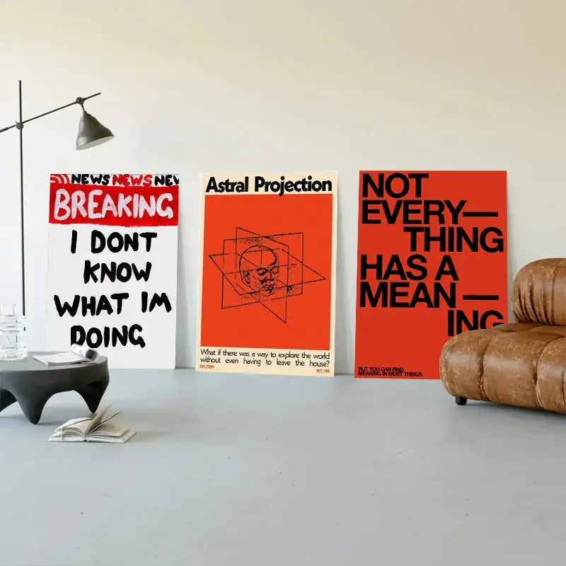 Three minimalist art posters featuring bold typography and a japanese abstract blue wave canvas print by decorbites