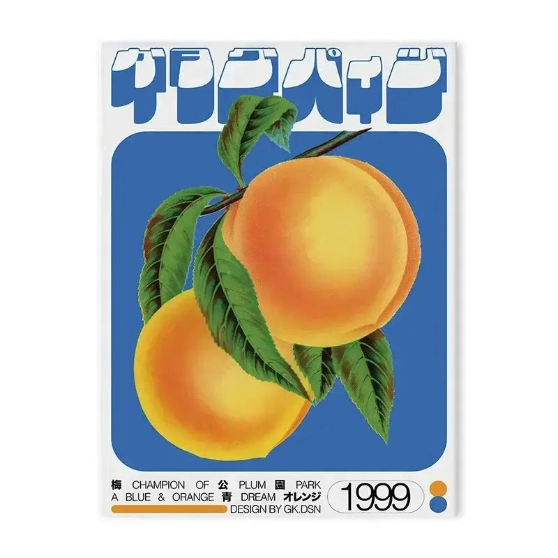 A vibrant retro-style DecorBites™ Japanese abstract canvas print featuring two ripe peaches against abstract blue wave background