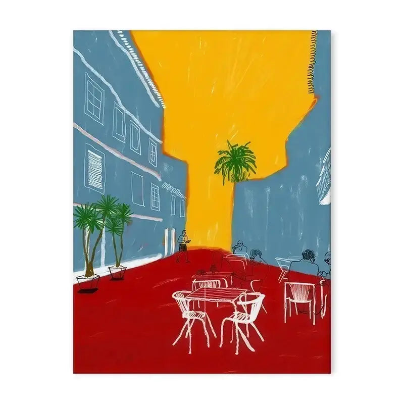 Decorbites™ japanese abstract blue wave canvas print featuring vibrant street scene with bold blue buildings and yellow sky