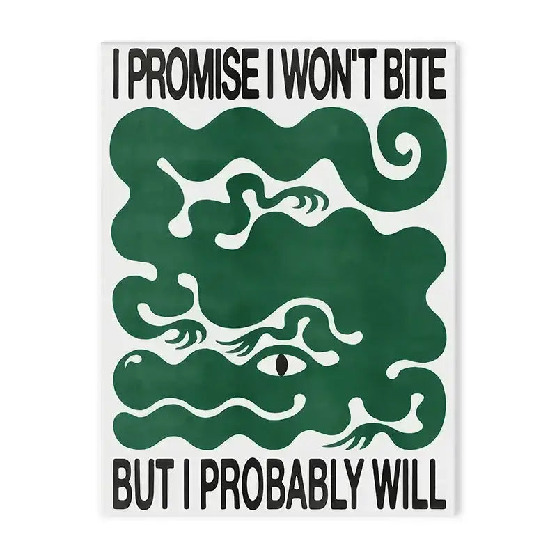 A white rectangular poster with bold black text and a stylized green snake design titled decorbites japanese abstract blue wave canvas print