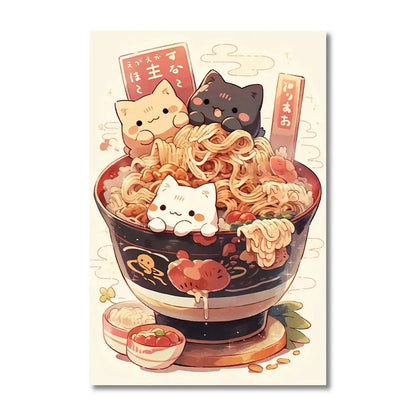Decorbites™ japanese ramen canvas wall art featuring three cartoon cats in a dark bowl with vibrant red garnishes